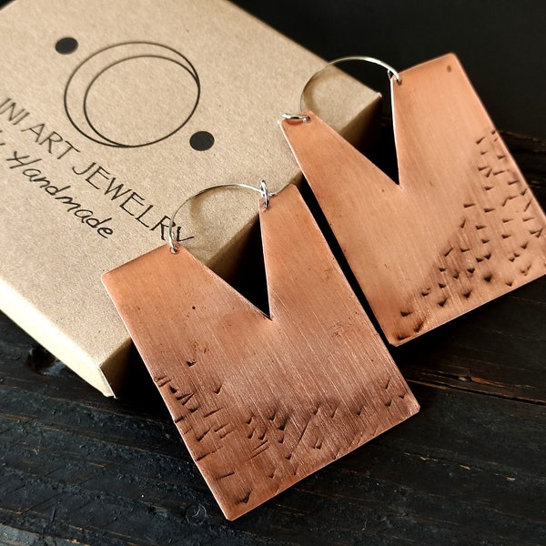 NEW COLLECTION Geometric copper earrings with 925 silver hooks Boho copper earrings Ethnic earrings, hippy earrings