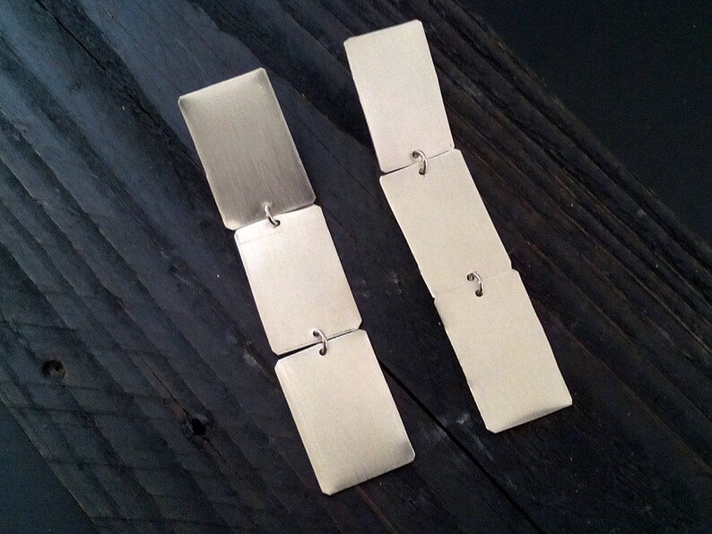 Long Geometric Silver Dangle Earrings, Minimalist Chandelier Earrings, Statement Silver Earrings, Modern Bohemian Look image 3