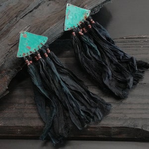 Black Silk sari earrings, bohemian copper earrings, blue patina earrings, ethnic earrings, festival earrings, hippy earrings image 1