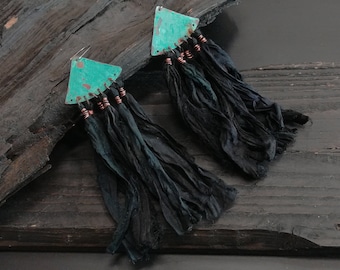 Black Silk sari earrings, bohemian copper earrings, blue patina earrings, ethnic earrings, festival earrings, hippy earrings