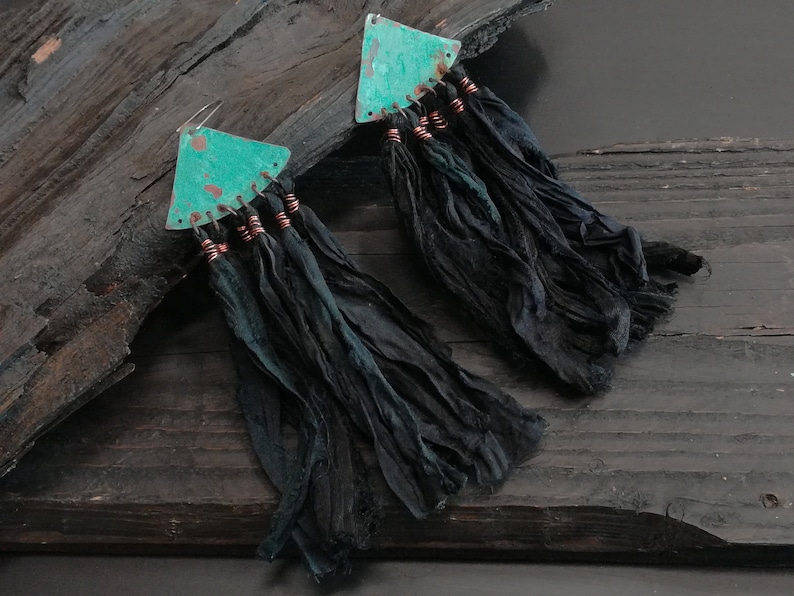 Black Silk sari earrings, bohemian copper earrings, blue patina earrings, ethnic earrings, festival earrings, hippy earrings image 1