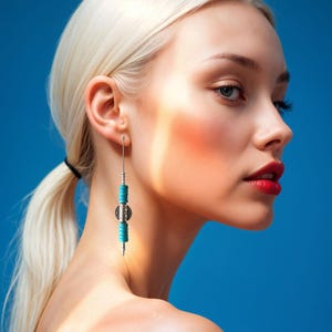 Silver Bar Earrings with Turquoise Stone, Minimal Jewelry, Boho Style, Modern Linear Earrings with Turquoise Detail, Elegant Design