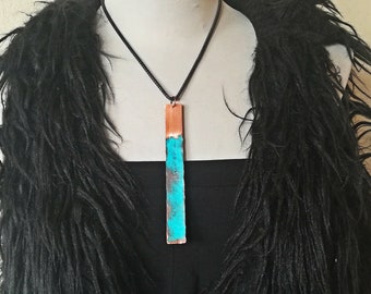 Copper Bar Pendant, Turquoise Patina Necklace, Boho Hammered Jewelry