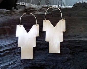 Aztec Geometric Dangle Earrings, 925 Silver hooks, Bohemian Style, Ethnic Minimal Design, Statement Earrings