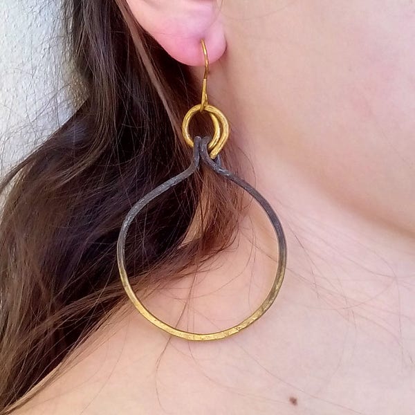 Bohemian brass hoop earrings, rustic hoop earrings, dangle hook earrings, patina earrings, vintage earrings, minimalist hoops, simple hoops