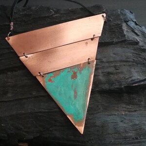 Patina Copper geometric necklace Aztec necklace Blue patina pendant Triangle necklace Pyramid necklace Tribal choker Boho triangle choker