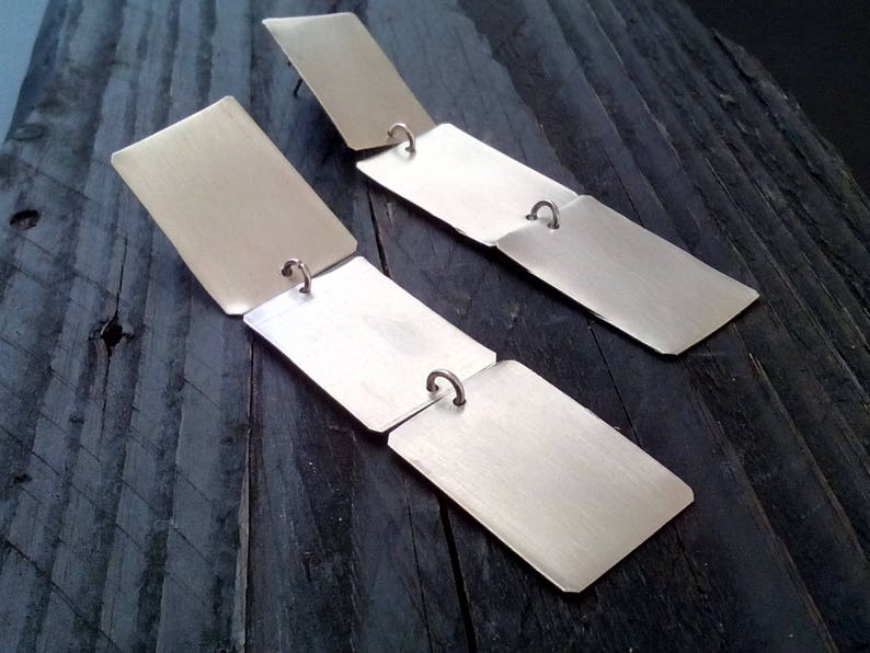 Long Geometric Silver Dangle Earrings, Minimalist Chandelier Earrings, Statement Silver Earrings, Modern Bohemian Look image 4