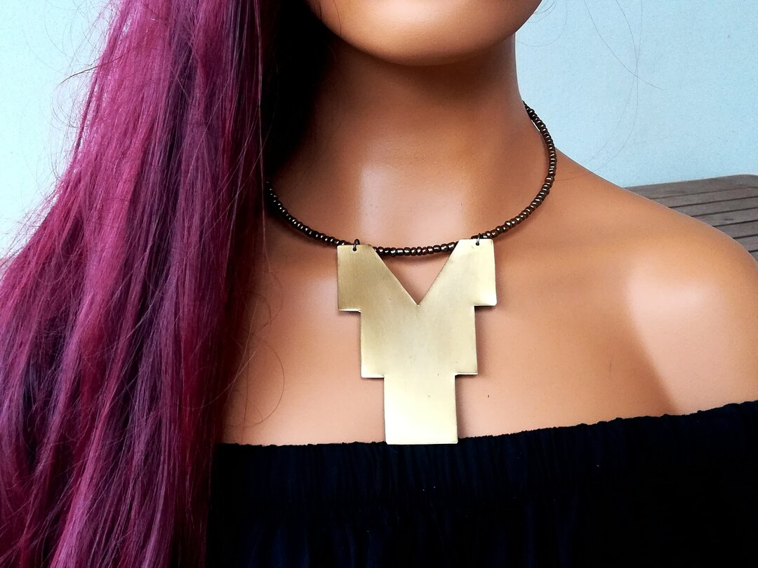 Aztec Pendant, Beaded Necklace, Choker, Brass Choker, Ethnic Pendant, Tribal Necklace, Festival