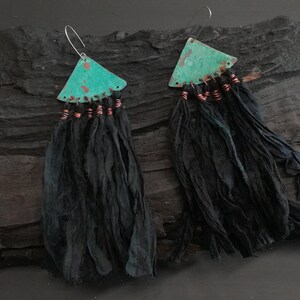 Black Silk sari earrings, bohemian copper earrings, blue patina earrings, ethnic earrings, festival earrings, hippy earrings image 7