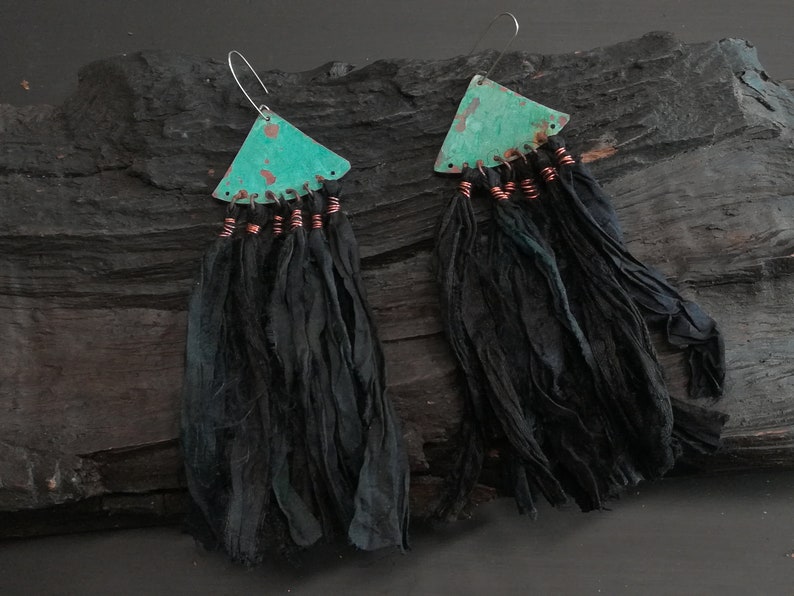 Black Silk sari earrings, bohemian copper earrings, blue patina earrings, ethnic earrings, festival earrings, hippy earrings image 7