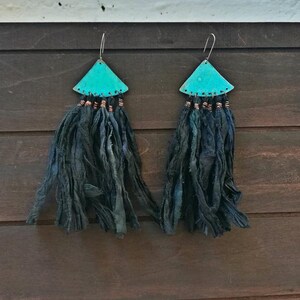 Black Silk sari earrings, bohemian copper earrings, blue patina earrings, ethnic earrings, festival earrings, hippy earrings image 3