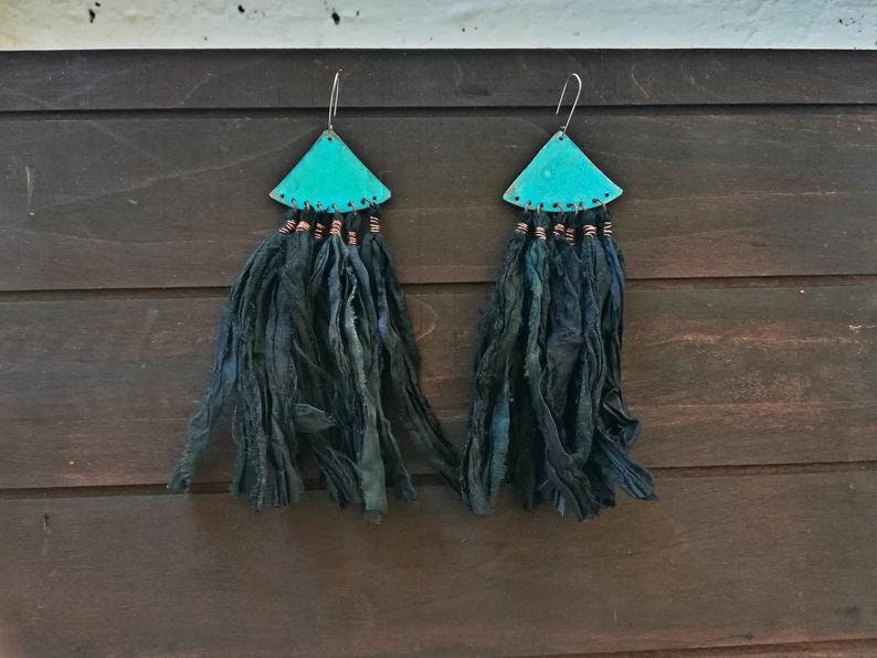 Black Silk sari earrings, bohemian copper earrings, blue patina earrings, ethnic earrings, festival earrings, hippy earrings image 3