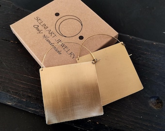Statement Brass Square Earrings, Minimalist Geometric Jewelry
