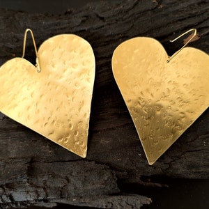 Gold heart earrings Oversize heart earrings Big brass heart earrings Hammered gold heart earrings Valentine gift Special gift