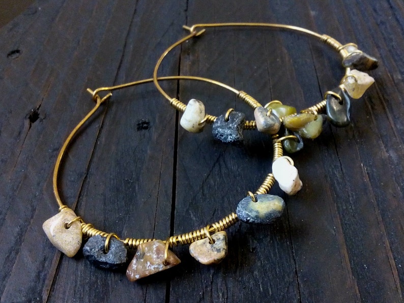 Brass hoop earrings, Jade stones hoop earrings, brass wire earrings, gold hoop earrings, large hoop earrings, hoop earrings, brass earrings image 2