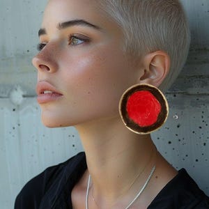 Hand painted red earrings, Statement red and black circle earrings, Chunky red earrings,  Painted red big round earrings, Modern earrings