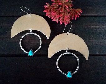 Silver moon earrings Statement moon earrings 925 silver hooks earrings Moon earrings with turquoise stone Oversize moon earrings