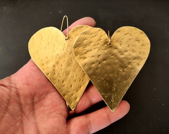 Gold heart earrings Oversize heart earrings Big brass heart earrings Hammered gold heart earrings Valentine gift Special gift