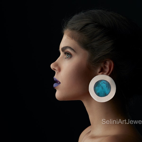 NEW COLLECTION Oversize silver post hoops Blue patina hoops Modern silver hoops Oversize round silver earrings