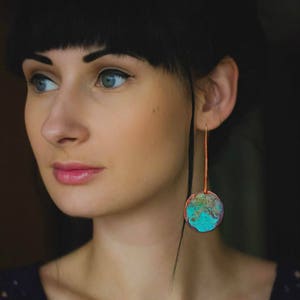 Turquoise Patina earrings, Oxidized earrings, Copper bar earrings, Elegant earrings, Vintage earrings, Stick earrings, Boho earrings