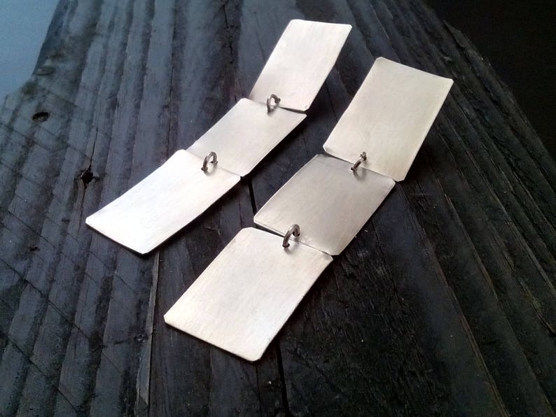 Long Geometric Silver Dangle Earrings, Minimalist Chandelier Earrings, Statement Silver Earrings, Modern Bohemian Look image 6