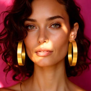 May include: A portrait of a person wearing large, gold hoop earrings. The earrings are a simple, wide band design. The person has dark, wavy hair and is set against a pink background. The lighting creates shadows across the face and earrings.