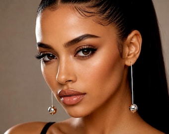 Boucles d'oreilles pendantes minimalistes en lingot d'argent avec perle, boucles d'oreilles en argent 925, bijoux pendants lingots modernes, boucles d'oreilles délicates en argent avec boule en argent