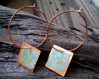 Patina copper hoop earrings, copper wire earrings, bohemian hoop earrings, dangle hoop earrings, rustic earrings, minimalist hoop earrings