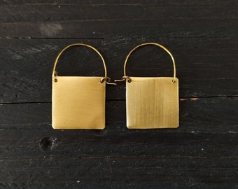 Small square gold earrings, geometric brass earrings, bohemian hoops, minimalist gold hoops, gift for her, gift for wife