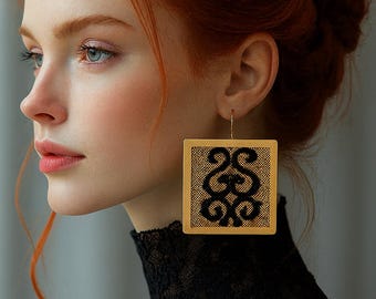 Oversized Brass Earrings, Black Sequins, Geometric Square Earrings, Bold Brass Design, Large Brass Drop Earrings