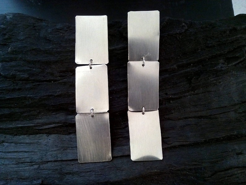 Long Geometric Silver Dangle Earrings, Minimalist Chandelier Earrings, Statement Silver Earrings, Modern Bohemian Look image 2