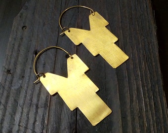 Aztec brass earrings, geometric earrings, bohemian earrings, ethnic earrings, festival earrings, simple earrings, brass hook earrings