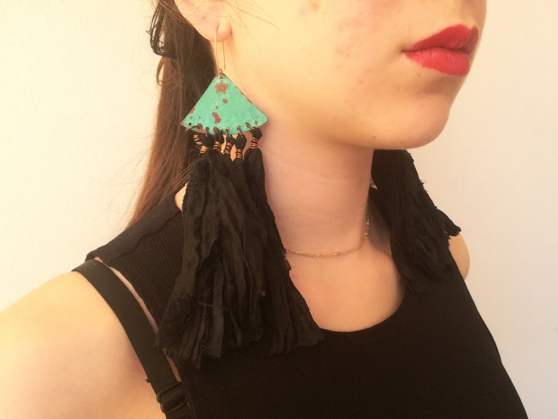 Black Silk sari earrings, bohemian copper earrings, blue patina earrings, ethnic earrings, festival earrings, hippy earrings image 8