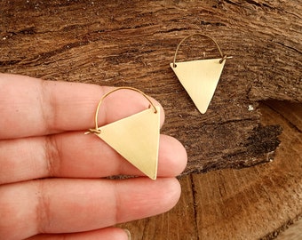 Small triangle gold earrings, geometric brass earrings, bohemian hoops, minimalist gold hoops, gift for her, gift for wife