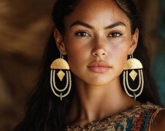 African Inspired Brass Jewelry, Bold Geometric Boho, Ethnic Earrings, Brass Statement Piece, Statement Brass Earrings