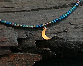 Blue titanium beaded choker, gold moon beaded choker,  tiny moon choker, elegant choker, moon choker, moon necklace, boho choker, unisex