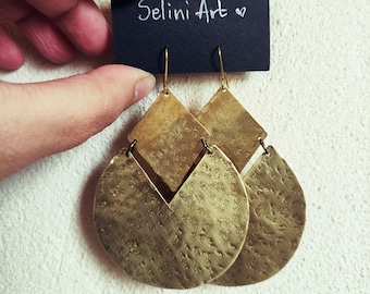 Large African earrings, Ethnic gold earrings, Gold hoop earrings, Dangle brass earrings, Statement earrings, Hammered brass earrings