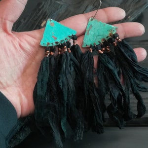 Black Silk sari earrings, bohemian copper earrings, blue patina earrings, ethnic earrings, festival earrings, hippy earrings image 5