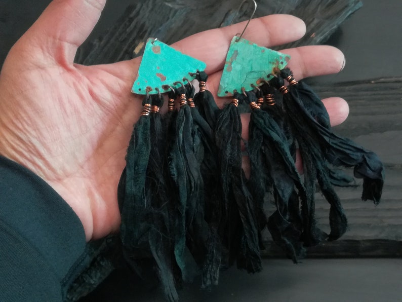 Black Silk sari earrings, bohemian copper earrings, blue patina earrings, ethnic earrings, festival earrings, hippy earrings image 5