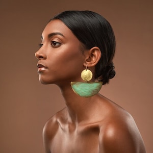 Green - blue patina earrings, Brass hoop earrings, Wedding earrings, Dangle hoops, Brass half hoops, Statement earrings, Oxidized hoops