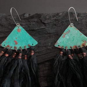 Black Silk sari earrings, bohemian copper earrings, blue patina earrings, ethnic earrings, festival earrings, hippy earrings image 6