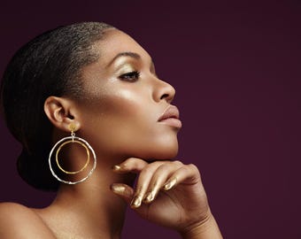 Hammered Double Hoop Earrings, 925 Sterling Silver & 24K Gold Plated Hoop Dangles, Minimalist Statement Jewelry