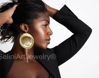 African earrings, oversized brass earrings, dangle hoop earrings, bohemian earrings, hammered earrings, statement earrings, chunky earrings