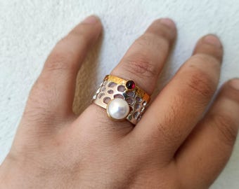 Pearl ring, wide silver ring, Greek jewelry, gemstone ring, open silver ring, garnet ring, adjustable ring, anniversary ring, gift for her