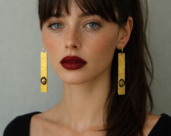 Hammered Brass Rectangle Dangle Earrings, Geometric Statement