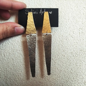 Geometric mix metal earrings, Silver and gold earrings, Dangle post earrings, Boho silver and brass earring Hammered triangle earrings