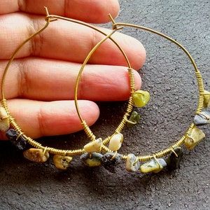 Brass hoop earrings, Jade stones hoop earrings, brass wire earrings, gold hoop earrings, large hoop earrings, hoop earrings, brass earrings image 5