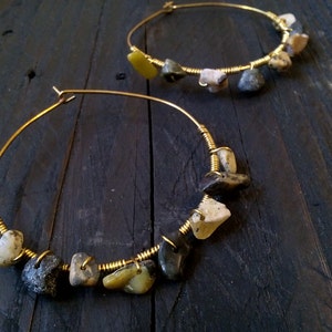 Brass hoop earrings, Jade stones hoop earrings, brass wire earrings, gold hoop earrings, large hoop earrings, hoop earrings, brass earrings image 4