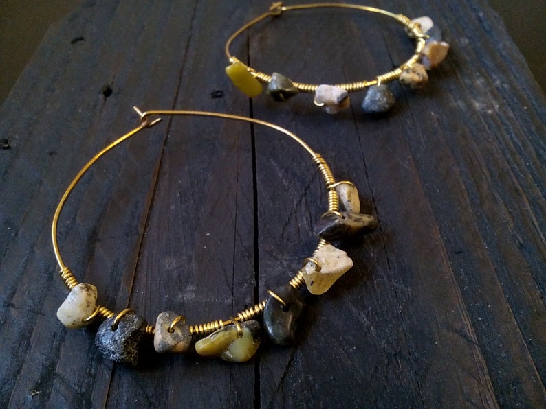 Brass hoop earrings, Jade stones hoop earrings, brass wire earrings, gold hoop earrings, large hoop earrings, hoop earrings, brass earrings image 4