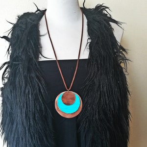 Bohemian necklace, patina necklace, long copper necklace, triple charm necklace, hippy necklace, gift for her, gift for wife